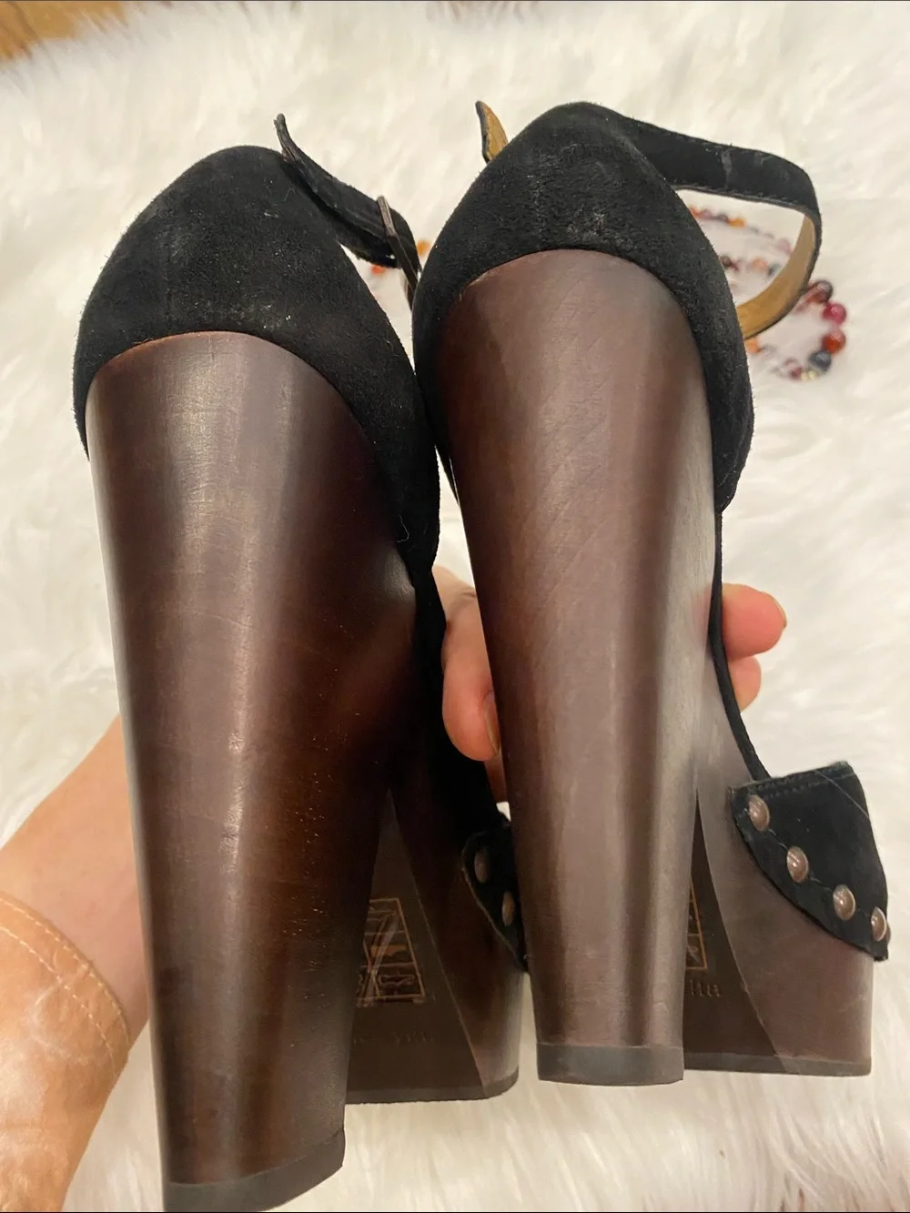 Black Suede Studded Platform Ankle-Strap Heels